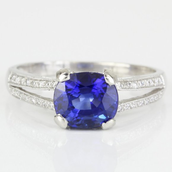 Platinum Ceylon Sapphire & Diamond Bridal Wedding Engagement/ Anniversary Ring - Picture 3 of 9